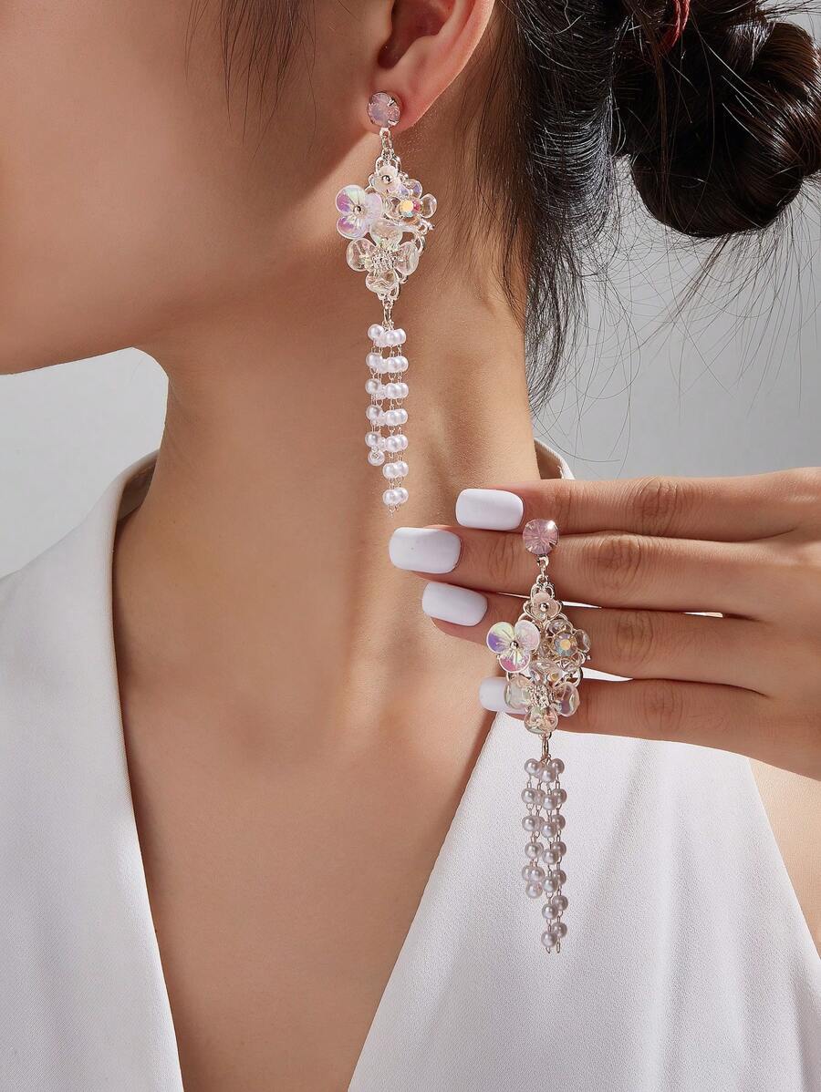 1 Pair Of Mori Style Sweet Flower Faux Pearl Long Tassel Earrings For Holiday Date - Multicolor - View 1