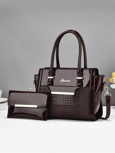 2pcs/Set Women's Handbag, Large Capacity Tote Bag And Fashionable Commuting Bag 3pcs Luxury Crocodile Pattern Tote Bag Set Women Glossy Large Handbag Crossbody Bag Clutch Purse Credit Card Holder