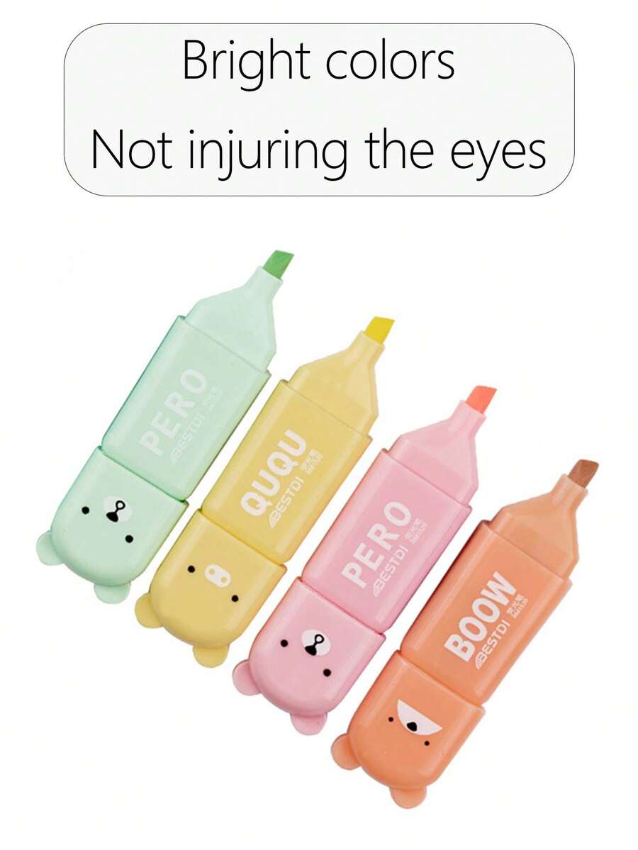 4 件裝迷你卡通螢光筆套裝馬卡龍 6 色柔軟螢光記號筆適合學習、辦公和護眼 - 彩色 - 查看 1