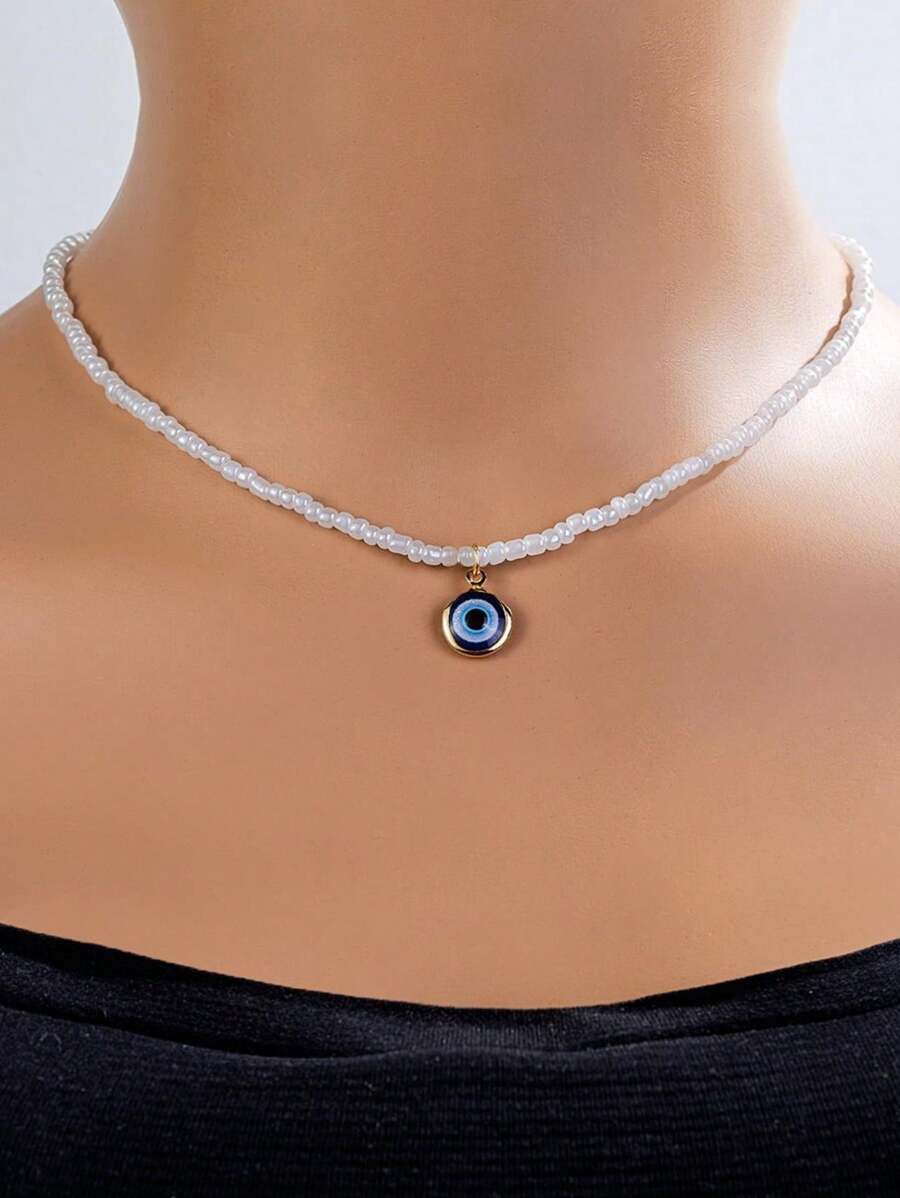 1 Miếng Phong cách Bohemian Mắt ác Vật rủ xuống Trắng Hột Hạt Của phụ nữ Dây chuyền Thích hợp Đối với Mặc hàng ngày - trắng - Xem 1