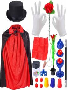 11pcs/set Economical Magician Costume Accessories Gift Set, Including Hat, Cape, Gloves, Exploding Dice, Disappearing Scarf, Magic Tricks, Flower Pots, Magic Cup, Folding Rose And Rope Trick - Multicolor - View 1