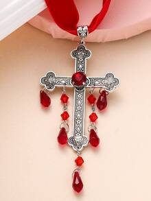 A Grand Cross Necklace Gothic Vampire Cross Pendant Choke Circle Gothic Necklace - Red - View 4