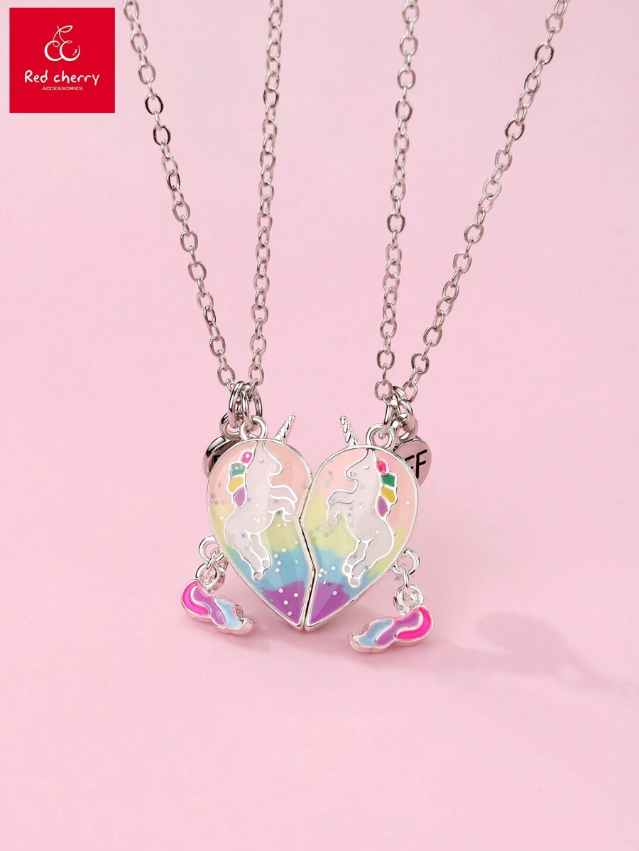 2入組/套女孩獨角獸&金屬亮絲&油鋅合金可愛磁性吊墜項鍊適用於日常穿著,首飾類禮品