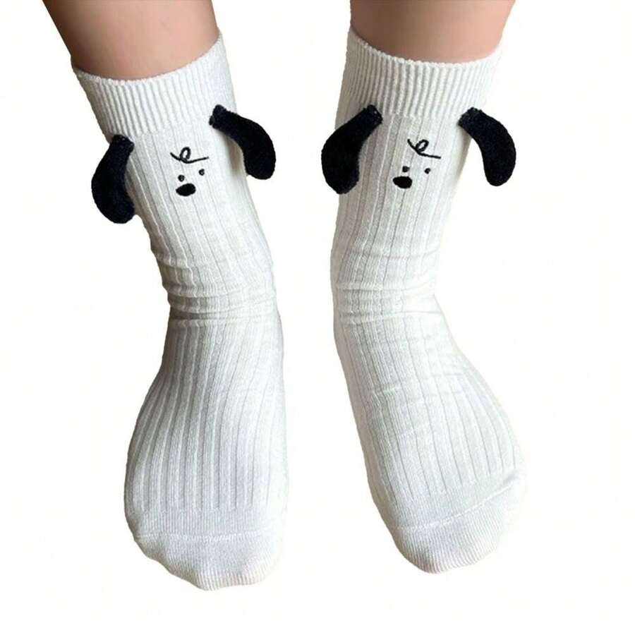 可爱动物狗耳朵白色袜子快乐趣味3D针织小狗袜子日式原宿街头中筒袜女士