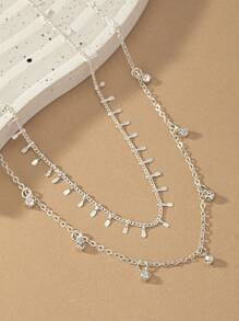 1 套 2 件合金欧美风格多层浮雕锁骨链项链配水晶吊坠，适合女性日常佩戴 - 銀色 - 查看 4