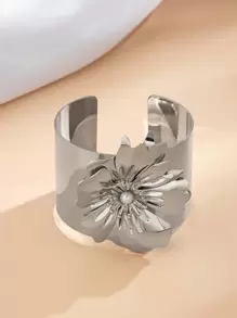 1pc Exaggerated Wide Band Shiny Flower Cuff Bracelet For Women, Metal Floral Design Ideal For Date, Party & Mother'S Day Gift - Silver - View 2