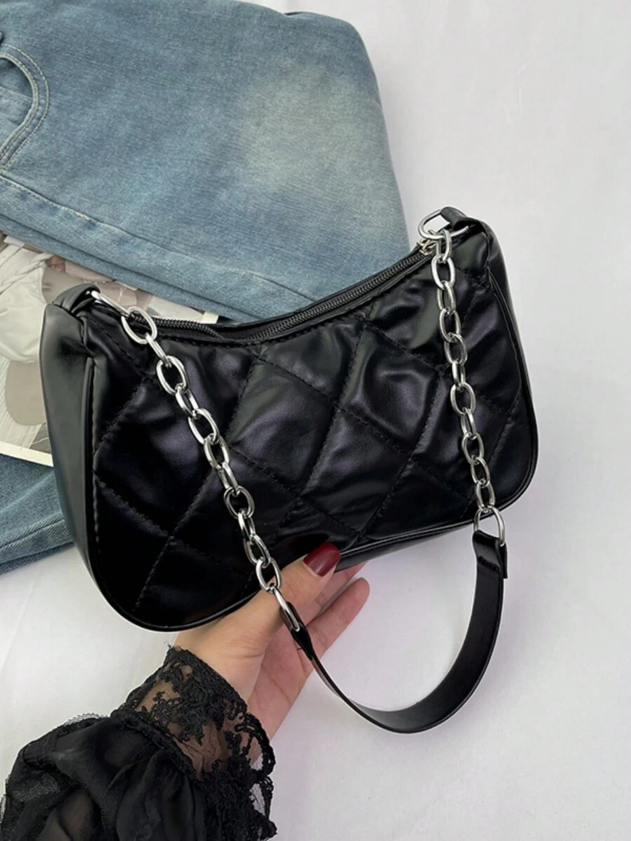 Solid Color Minimalist Women's Shoulder Bag - Black - View 1