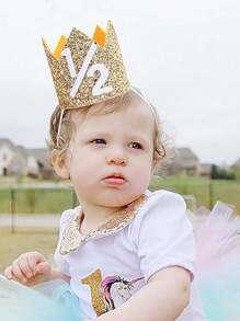 1入半歲生日皇冠,半歲生日派對帽,可調節和重複使用,兒童生日皇冠,派對照片道具,生日派對裝飾(金色)
