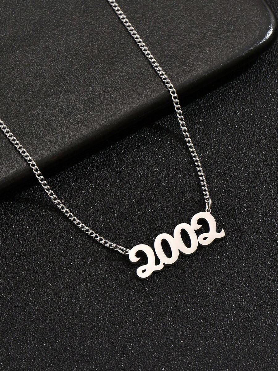 1 件時尚不銹鋼出生年份數字吊墜項鍊男士生日 - 銀色 - 查看 1