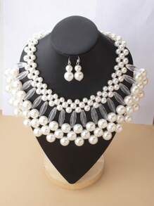 2pcs/Set Fashionable Exaggerated French-Style Multi-Layer Faux Pearl Necklace Set, Suitable For Banquets, Parties, Weddings, And Winter Sweater Dresses