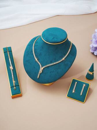 5pcs/Set Fashionable Cubic Zirconia Earrings, Necklace, Ring, Bracelet Set For Ladies, Ideal For Weddings, Parties, Birthdays, Holidays