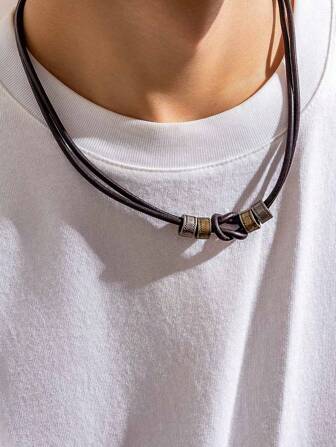 1枚時尚簡約金屬吊墜+扭繞多層鏈項鍊,男士日常佩戴魅力飾品