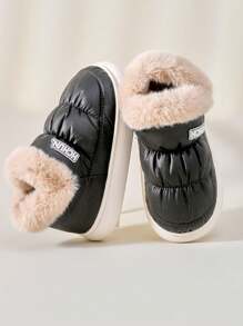 女士舒適坡跟拖鞋室內防絨防水鞋純色戶外雪靴 - 黑色 - 查看 1