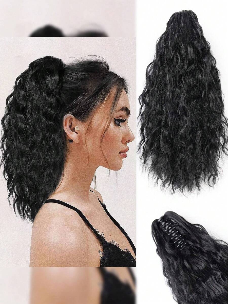 18英吋馬尾扩展夹多層夾式馬尾扩展,適用於女士長捲鬆綫扩展,鬆軟合成夾式馬尾髮型 - 黑色 - 查看 1