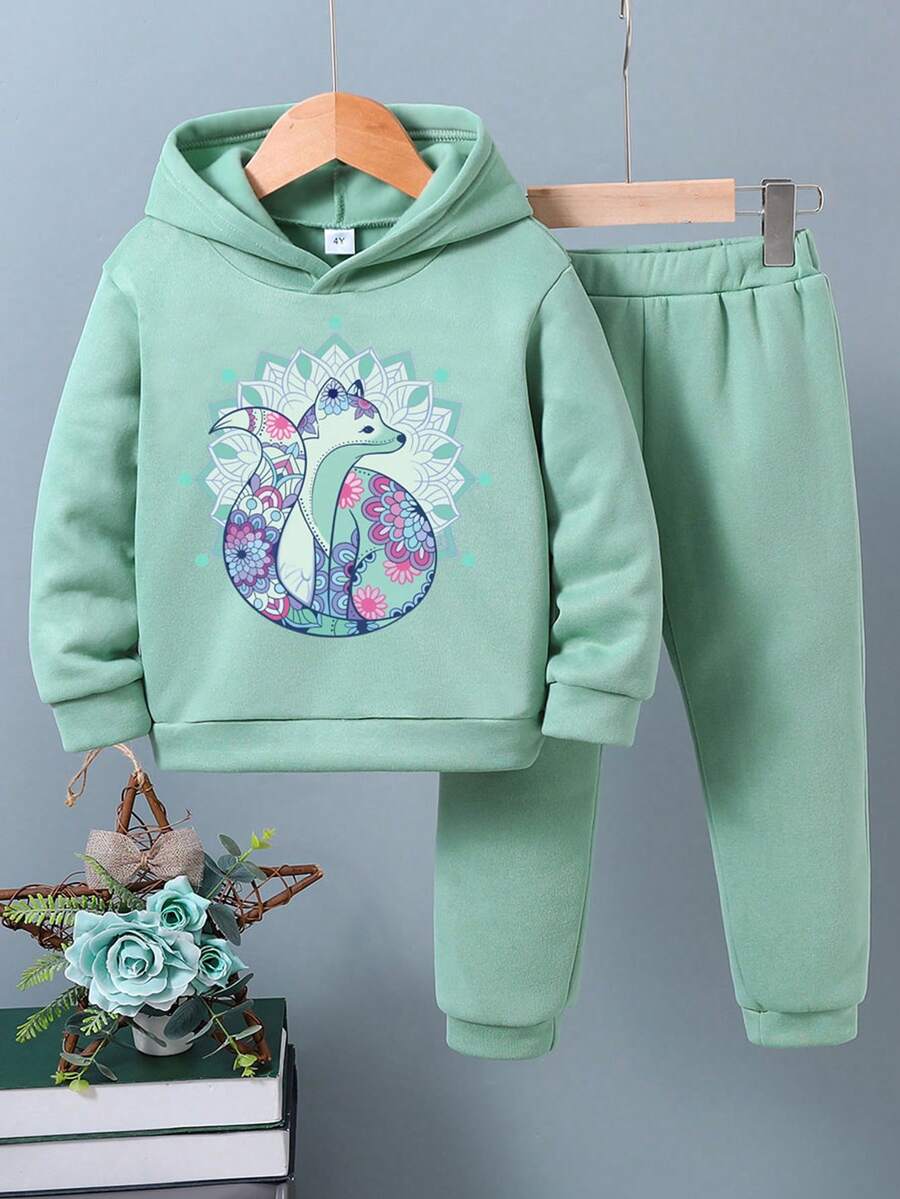 Nhỏ bé Cô gái Con cáo Mẫu In Ấm áp Hoodie Và Quần thể thao - màu xanh lá - Xem 1