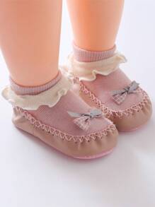 1pair Newborn Baby Princess Style Pink Bowknot Anti-Slip Floor Socks, Spring/Summer