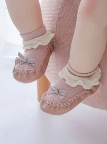 1pair Newborn Baby Princess Style Pink Bowknot Anti-Slip Floor Socks, Spring/Summer