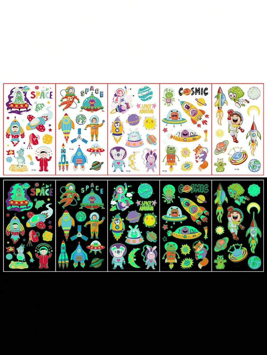 Finego 5 hojas de pegatinas de tatuajes temporales que brillan en la oscuridad, noche luminosa, luz verde fluorescente, arcoíris, cohete, alienígena, planeta, astronauta, Vía Láctea - Multicolor - Ver 1