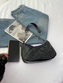 Solid Color Minimalist Women's Shoulder Bag - Black - View 4