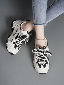 綁帶網眼運動鞋，厚底運動鞋，黑白色塊運動鞋