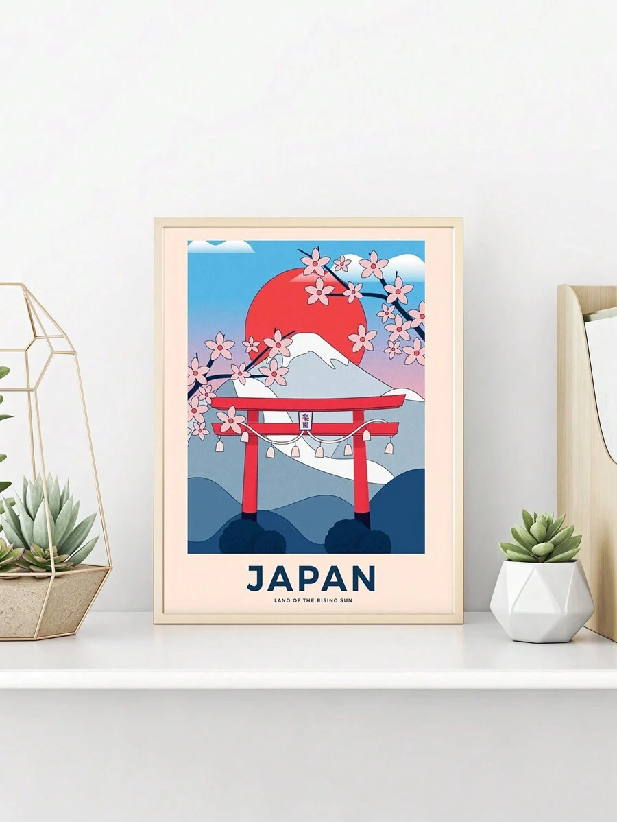 1張日本富士山壁畫建築高塔復古風景海報畫作油畫藝術印刷家居裝飾富士山畫布壁畫客廳臥室牆面裝飾壁畫油畫印刷畫無框畫創意禮物 - 寶藍色 - 查看 1