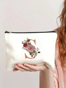 字母花卉印花女士化妝包伴娘化妝盒美容用品收納盒洗漱收納袋婚禮派對新娘禮物梳妝收納盒 - 米色 - 查看 2