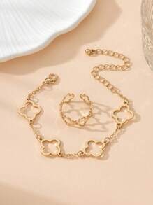 1 套女士幸运花设计手链和戒指套装，适合日常和派对佩戴，四叶草珠宝情人节 - 金黃色 - 查看 2