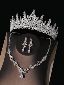 1套組女士經典水晶皇冠、項鍊和耳環新娘珠寶套裝,適用於婚禮、新娘派對和其他正式場合