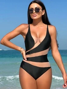 Bikinx Costum de baie dintr-o bucată din plasă contrastantă - Negru - Vizualizare 4