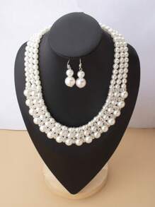 2pcs/Set Fashionable Exaggerated French-Style Multi-Layer Faux Pearl Necklace Set, Suitable For Banquets, Parties, Weddings, And Winter Sweater Dresses