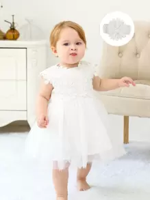 Baby Girls' White Dress With Puffy Tulle Dress, 0-2 Years (with Headband)