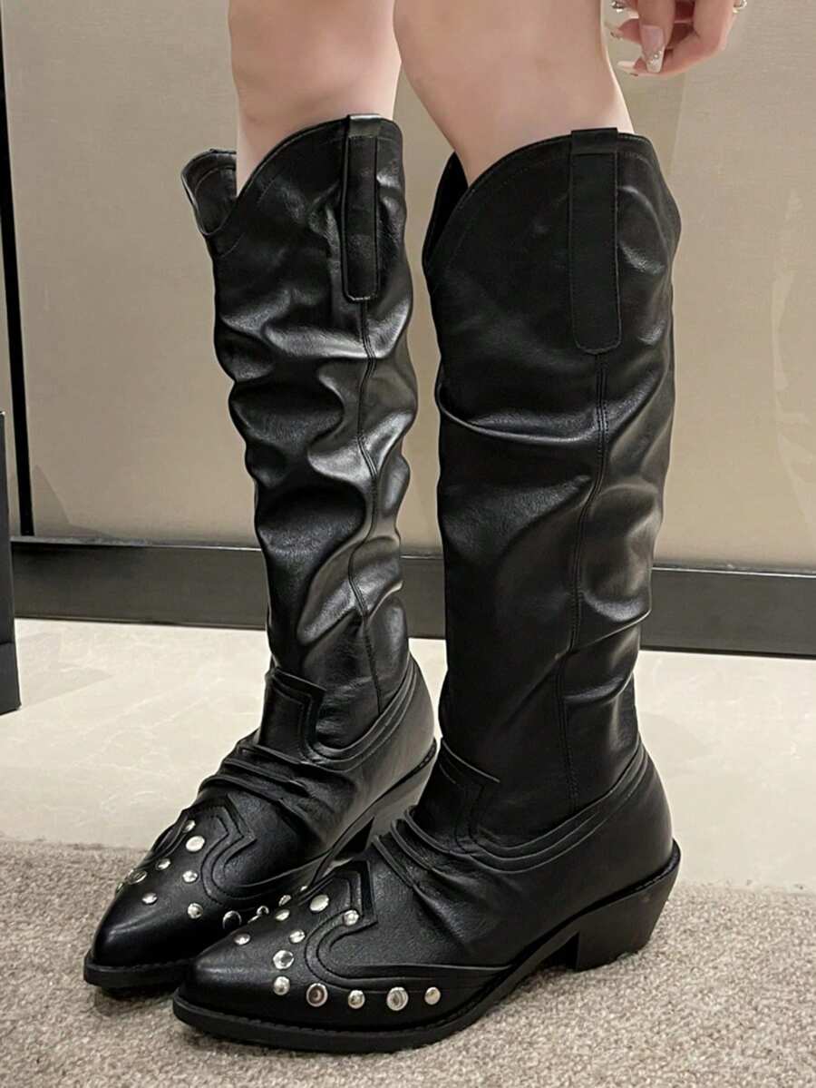 女用尖頭西部鉚釘黑色粗跟靴子時尚寬小腿時尚高筒靴 - 黑色 - 查看 1