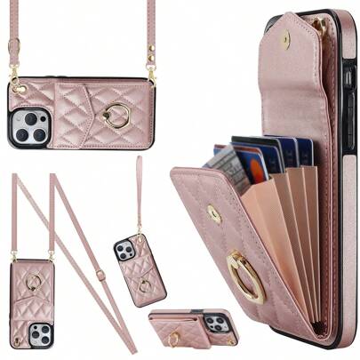 1 pièce Mignon Étui de téléphone avec dragonne/sangle de poignet, porte-cartes à motif de rose concertina en or rose, compatible avec iPhone 11/11 Pro/11 Pro Max - iPhone 15/15 Pro/15 Pro Max/15 Plus et Samsung Galaxy S21/S21 Plus/S21 Ultra - S23/S23+/S23 Ultra