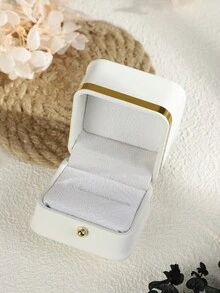 1pc White Pu Leather Gold Edged Ring Box - White - View 8