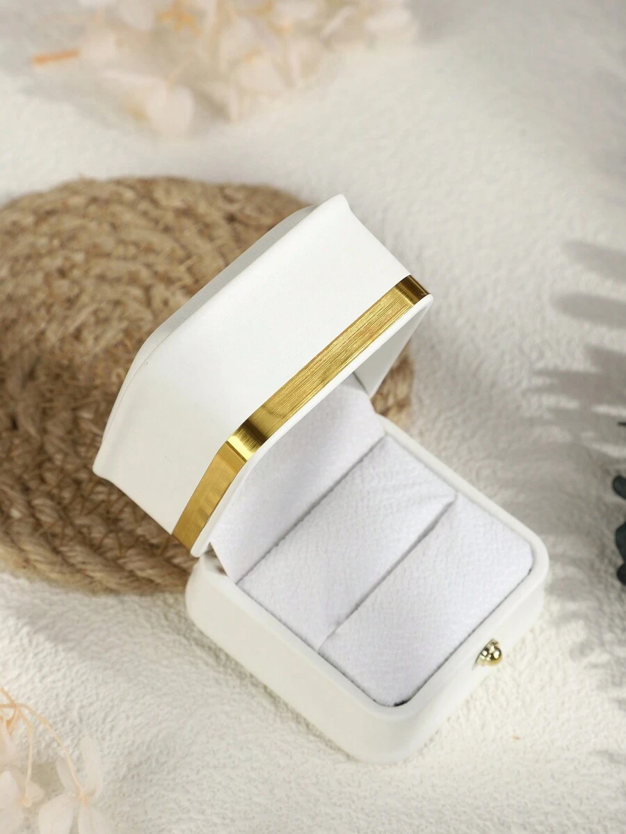 1pc White Pu Leather Gold Edged Ring Box - White - View 1
