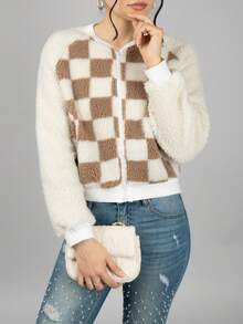Chamarra de moda para mujer tela tipo borrego con diseño de cuadros y cierre completo - Café integral - Ver 1