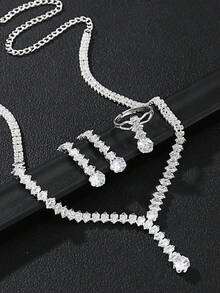 5入組豪華鑽石新娘婚禮珠寶套裝,包括項鏈和耳環,適用於女性晚宴派對配飾