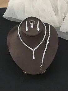 5入組豪華鑽石新娘婚禮珠寶套裝,包括項鏈和耳環,適用於女性晚宴派對配飾