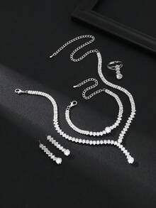 5入組豪華鑽石新娘婚禮珠寶套裝,包括項鏈和耳環,適用於女性晚宴派對配飾