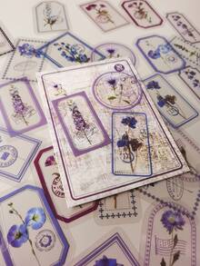 1pack/30pcs Purple Small Flower & Plant Decorated Pet Stickers Vintage Frame & Postage Style - Multicolor - View 1