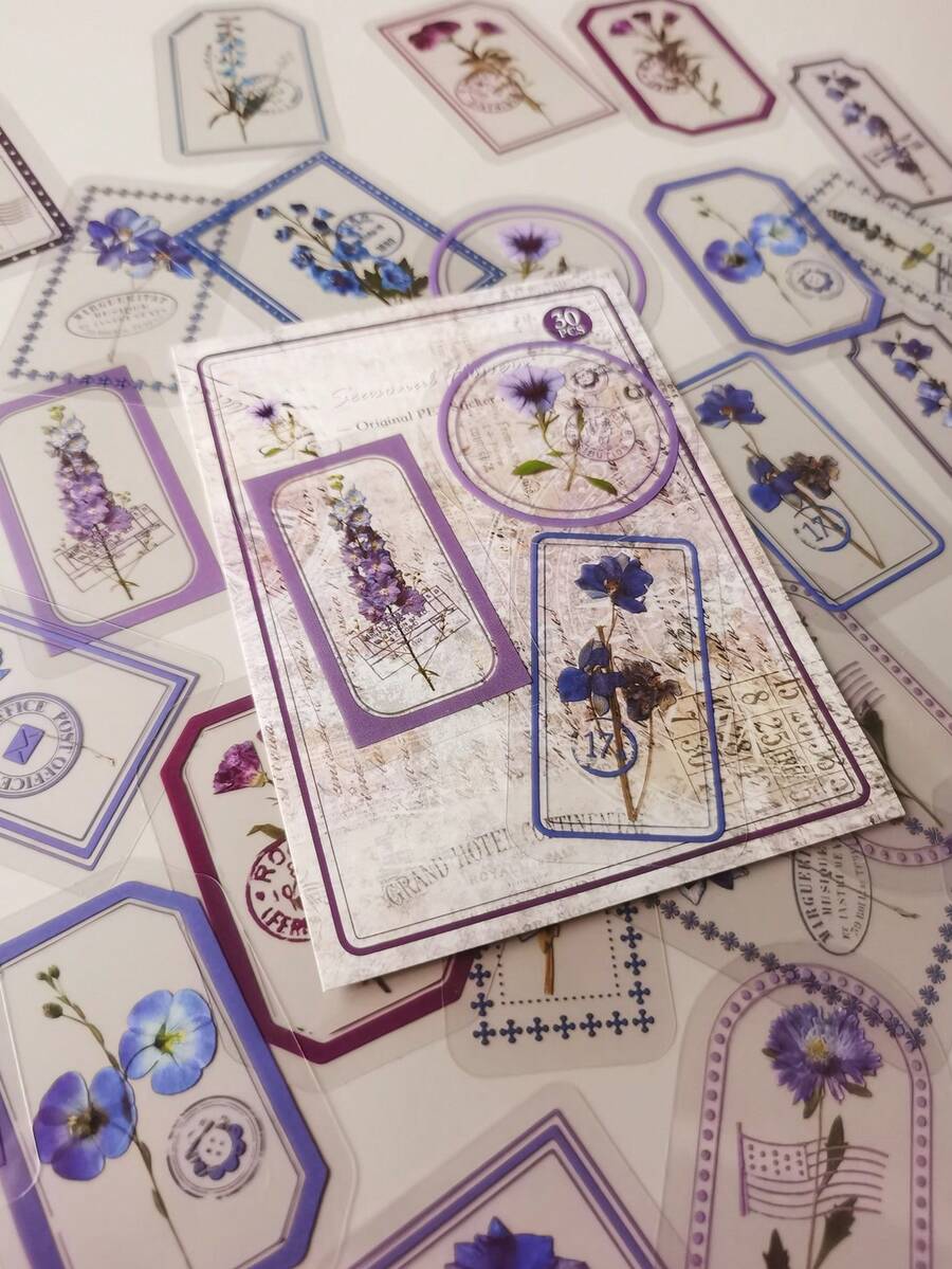 1pack/30pcs Purple Small Flower & Plant Decorated Pet Stickers Vintage Frame & Postage Style - Multicolor - View 1