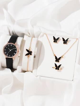 5入組女士手錶，女性手錶時尚簡約，羅馬刻度，蝴蝶珠寶套裝錶和珠寶套裝，蝴蝶手鐲，蝴蝶耳環，蝴蝶項鍊，蝴蝶戒指，適合日常佩戴和派對使用