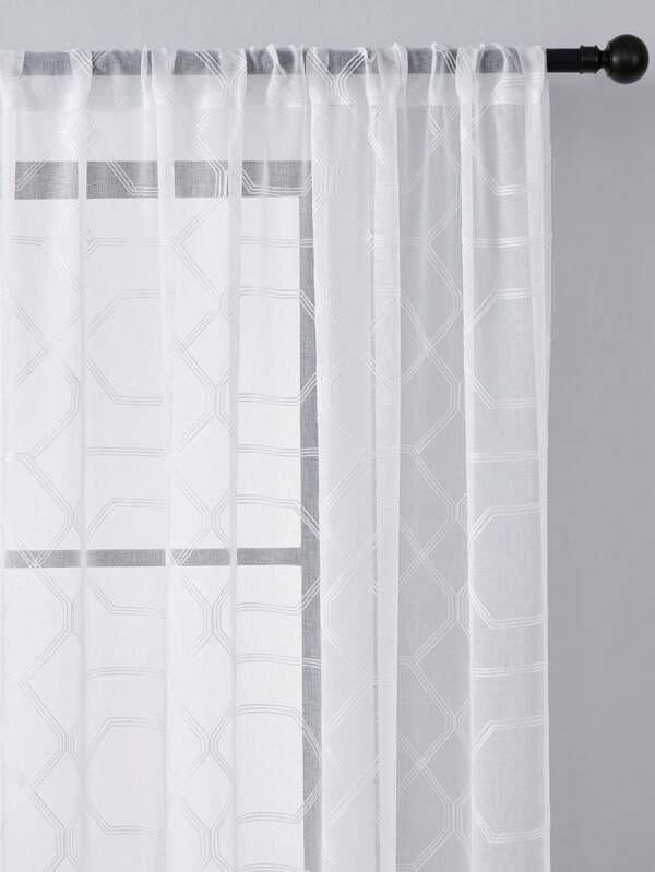 ستارة نصف شفافة قطعة واحدة ، مطرزة بنمط الخطوط ، ذات جيب ، ستارة شفافة زهرية من الكتان الاصطناعي للغرفة والمعيشة، أبيض نقي، متميزة وأنيقة، كثة