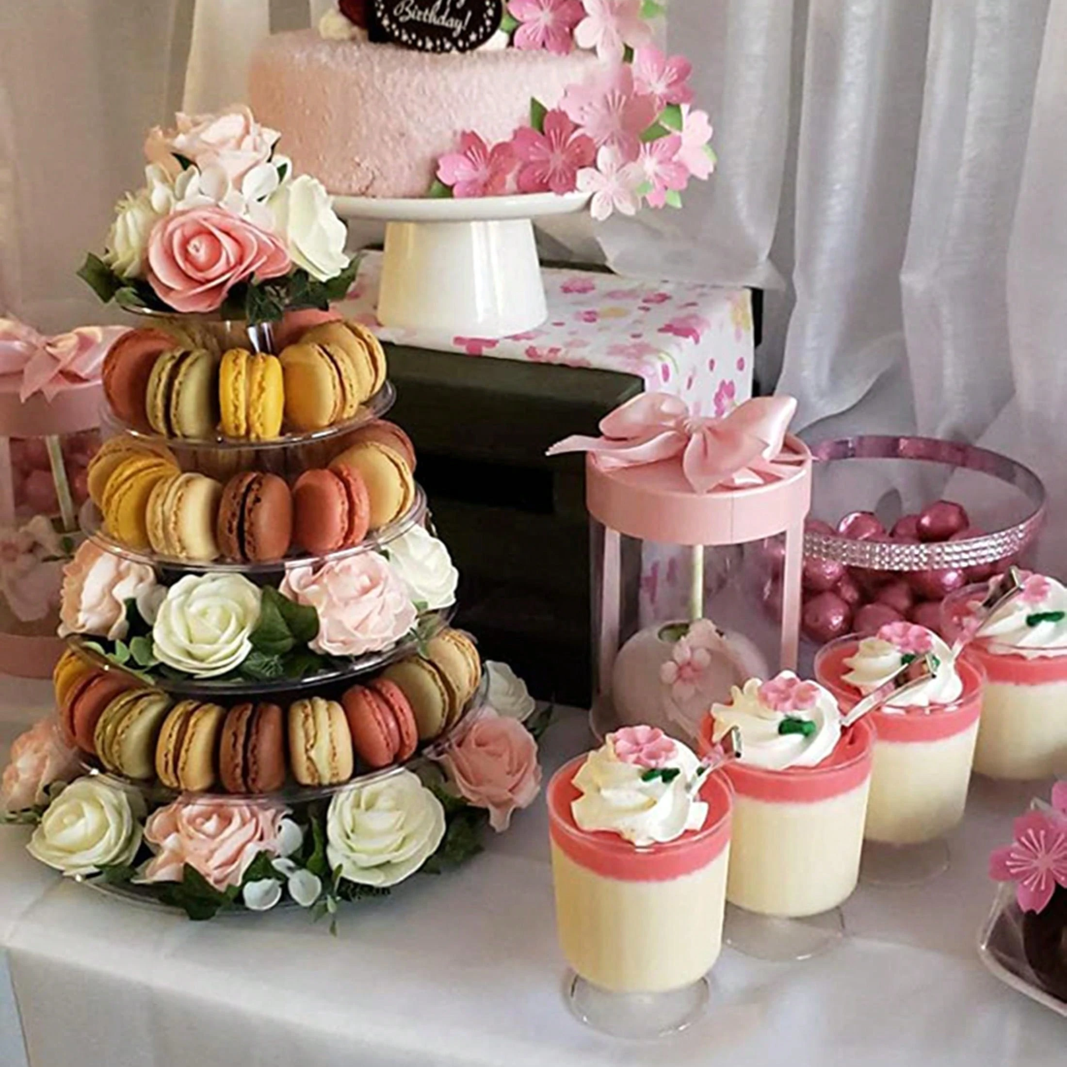 新着タワー形状 4/6/10層マカロンディスプレイスタンド、透明なプラスチックカップケーキタワー、ウェディングケーキホルダーベース