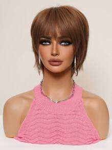甜美可愛短髮短髮瀏海精靈短髮棕色化學纖維耐熱假髮女性日常時尚假髮自然色