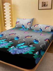 1 pieza Sábana ajustada cepillada con estampado de mariposas de estilo sencillo y elegante, cubierta antipolvo para cama, ropa de cama para el hogar, tanto para hombres como para mujeres en dormitorios - Multicolor - Ver 3