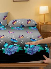 1 pieza Sábana ajustada cepillada con estampado de mariposas de estilo sencillo y elegante, cubierta antipolvo para cama, ropa de cama para el hogar, tanto para hombres como para mujeres en dormitorios - Multicolor - Ver 4