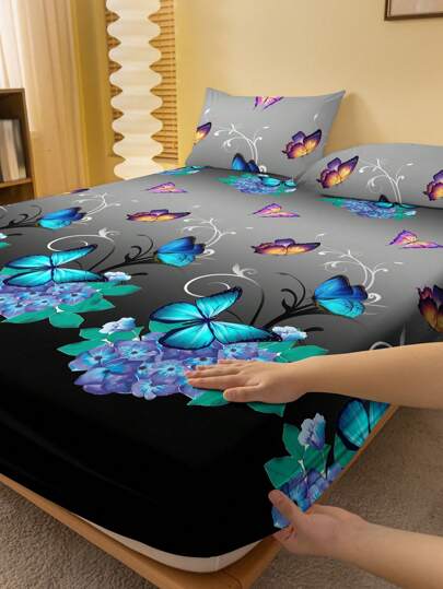 1pc Fashionable Simple Style Butterfly Printed Brushed Fitted Sheet Dustproof Bed Cover Bedding For Both Men And Women Bedroom Home Textile