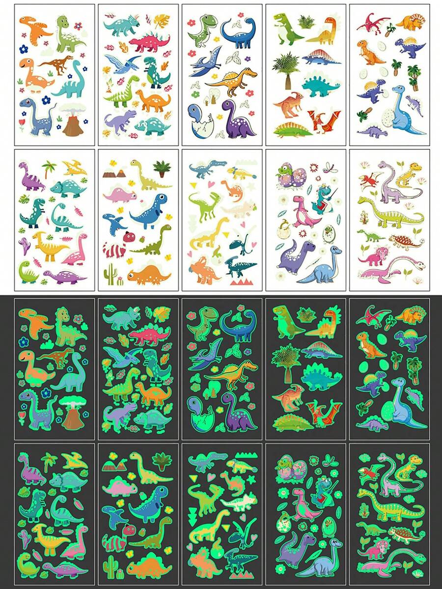 10 張恐龍發光臨時紋身,防水假紋身玩具,兒童女孩男孩恐龍派對禮品用品派對配件,發光派對用品禮品,臉部紋身貼紙