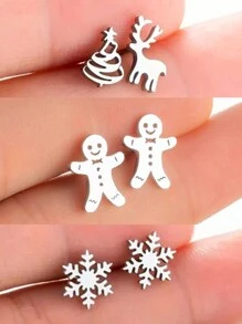 1套3對聖誕主題簡單有趣的薑餅人、雪花、聖誕樹和馴鹿耳釘,適用於女性聖誕派對珠寶 - 銀色 - 查看 1